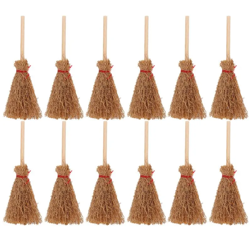 12 Pcs Halloween Mini Witch Brooms Miniature Scene Toys For Halloween Mini Witch Broom Small Doll House Accessories (Wood Color)