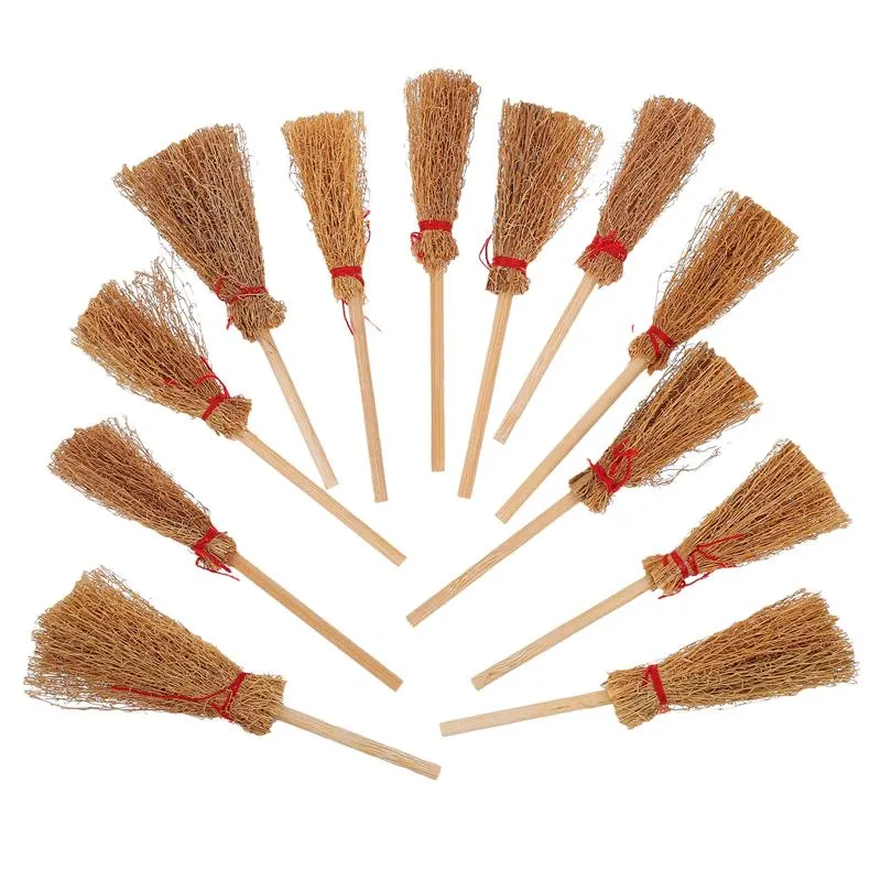 12 Pcs Halloween Mini Witch Brooms Miniature Scene Toys For Halloween Mini Witch Broom Small Doll House Accessories (Wood Color)