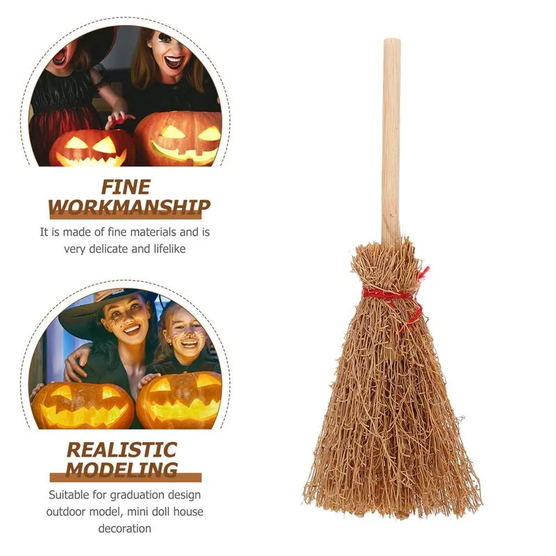 12 Pcs Halloween Mini Witch Brooms Miniature Scene Toys For Halloween Mini Witch Broom Small Doll House Accessories (Wood Color)