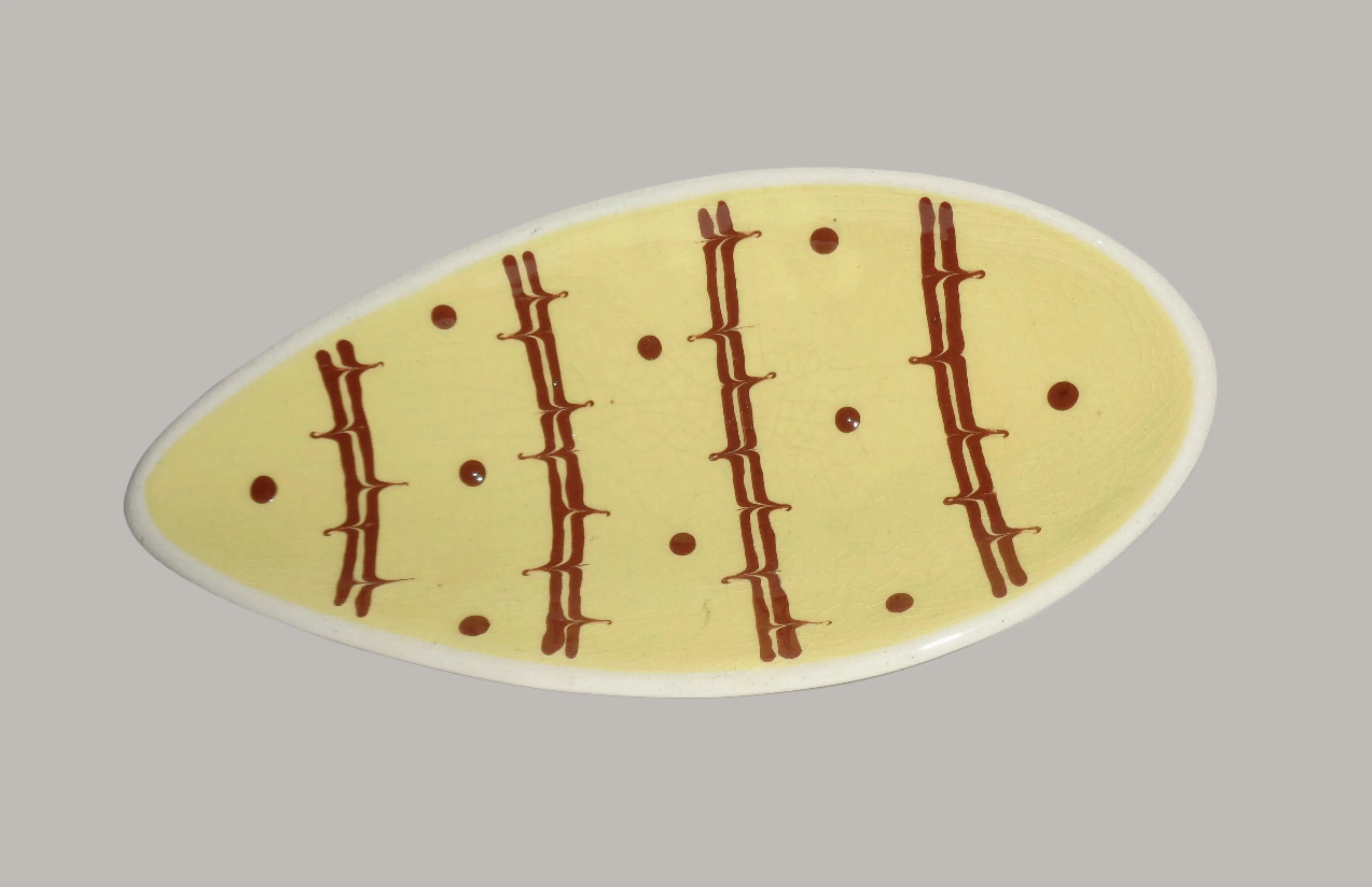 1950s Teardrop Shaped Yellow and Brown Pottery Trinket Dish