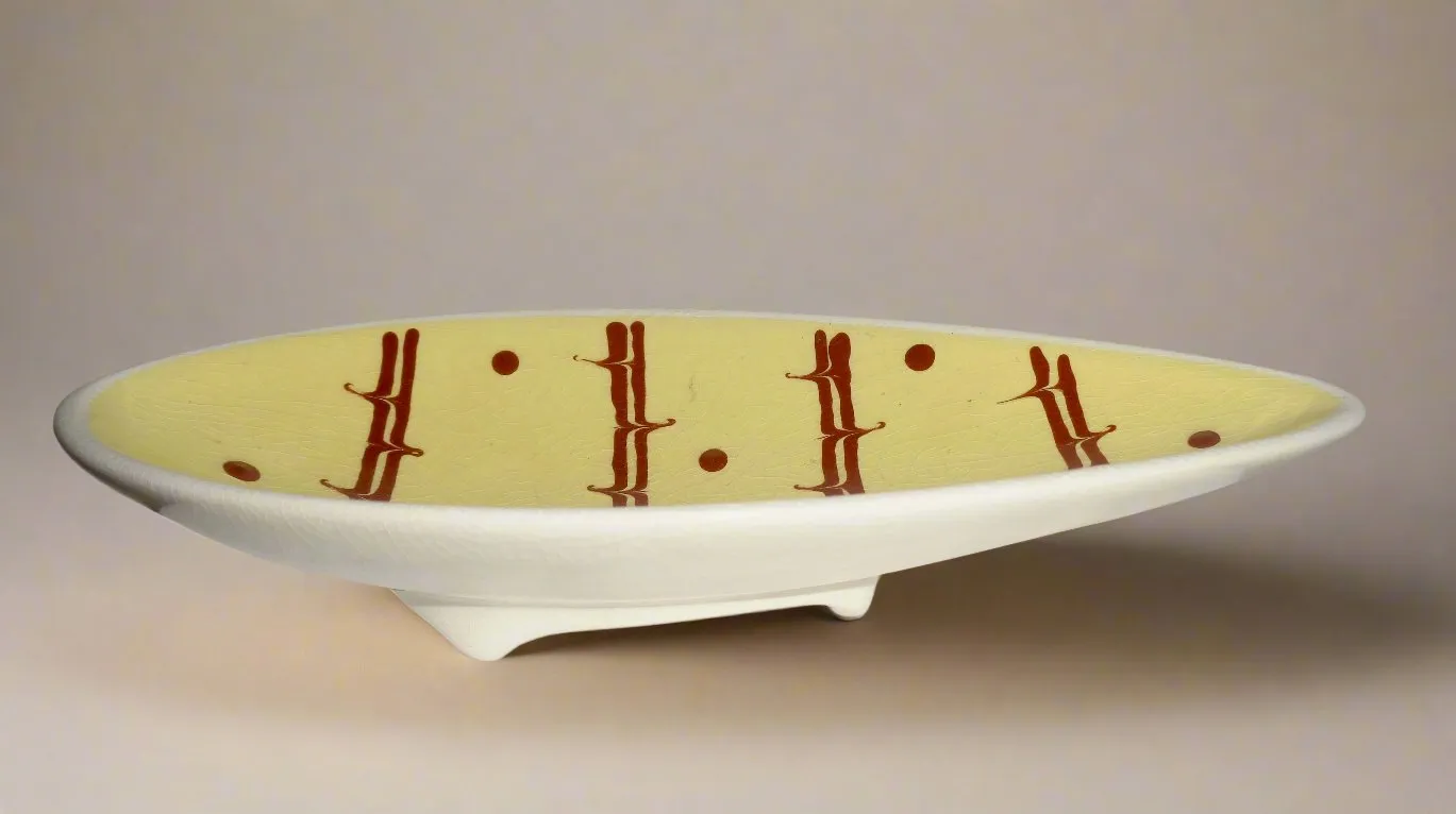 1950s Teardrop Shaped Yellow and Brown Pottery Trinket Dish