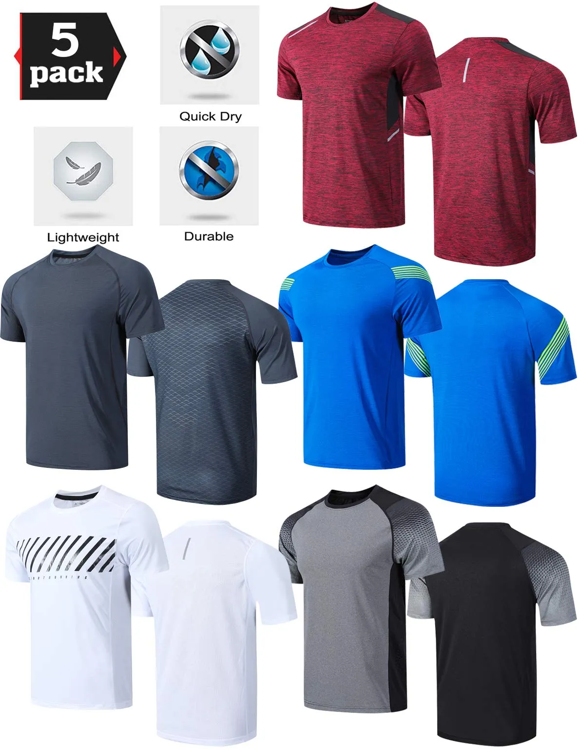 5 Pack Men’s Active Quick Dry Crew Neck T Shirts | Athletic Running Gym Workout Short Sleeve Tee Tops Bulk (Set 2, Medium)