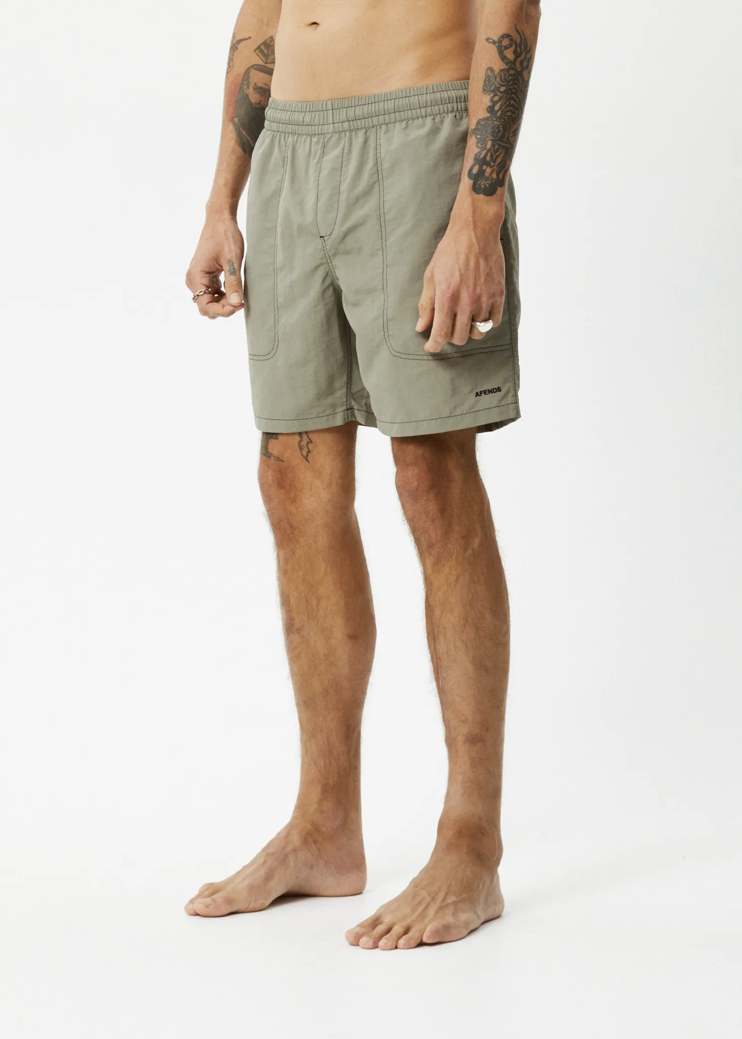 AFENDS Mens Baywatch - Swim Shorts 18" - Olive