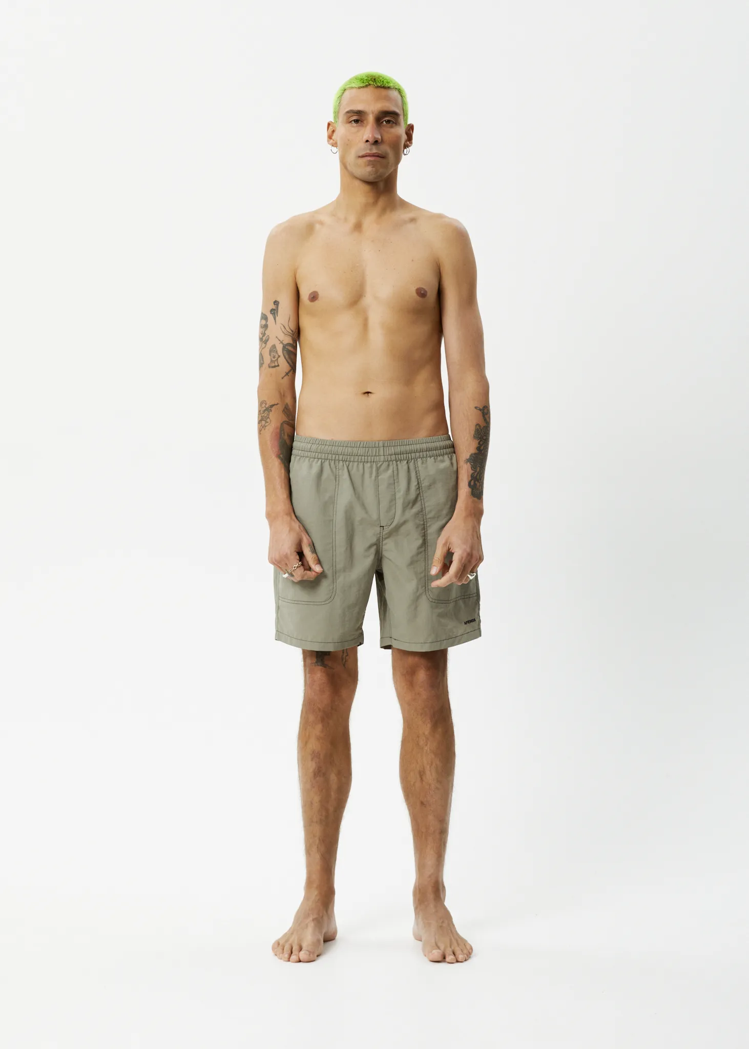 AFENDS Mens Baywatch - Swim Shorts 18" - Olive