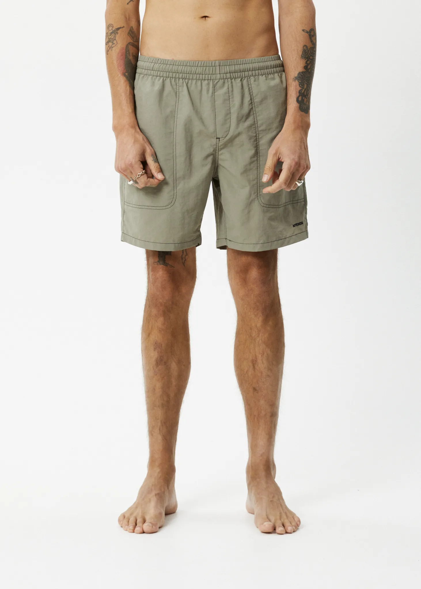 AFENDS Mens Baywatch - Swim Shorts 18" - Olive