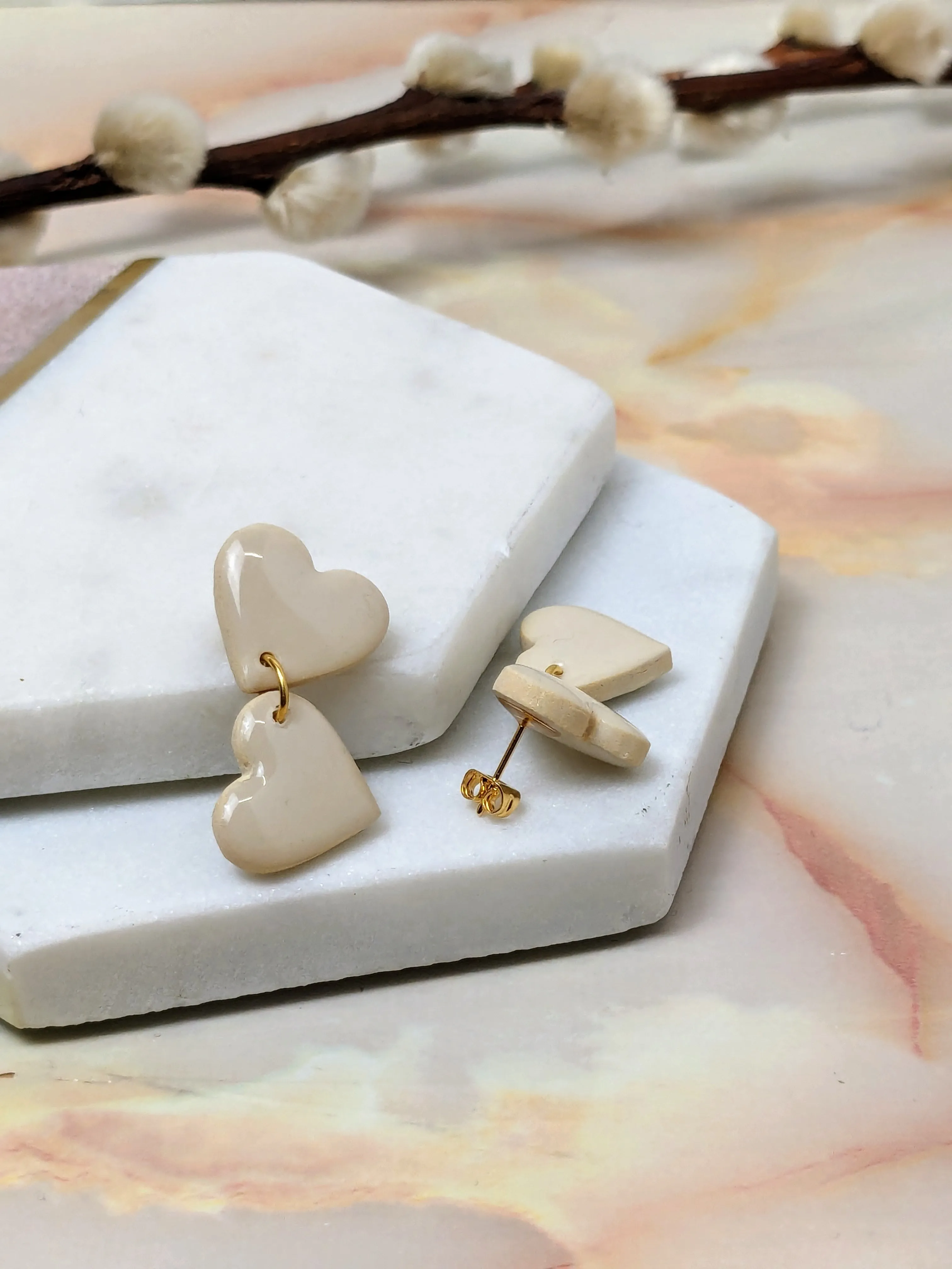 Amy Dangle Polymer Clay Heart Stud Earrings | Handmade Romantic Statement Jewellery