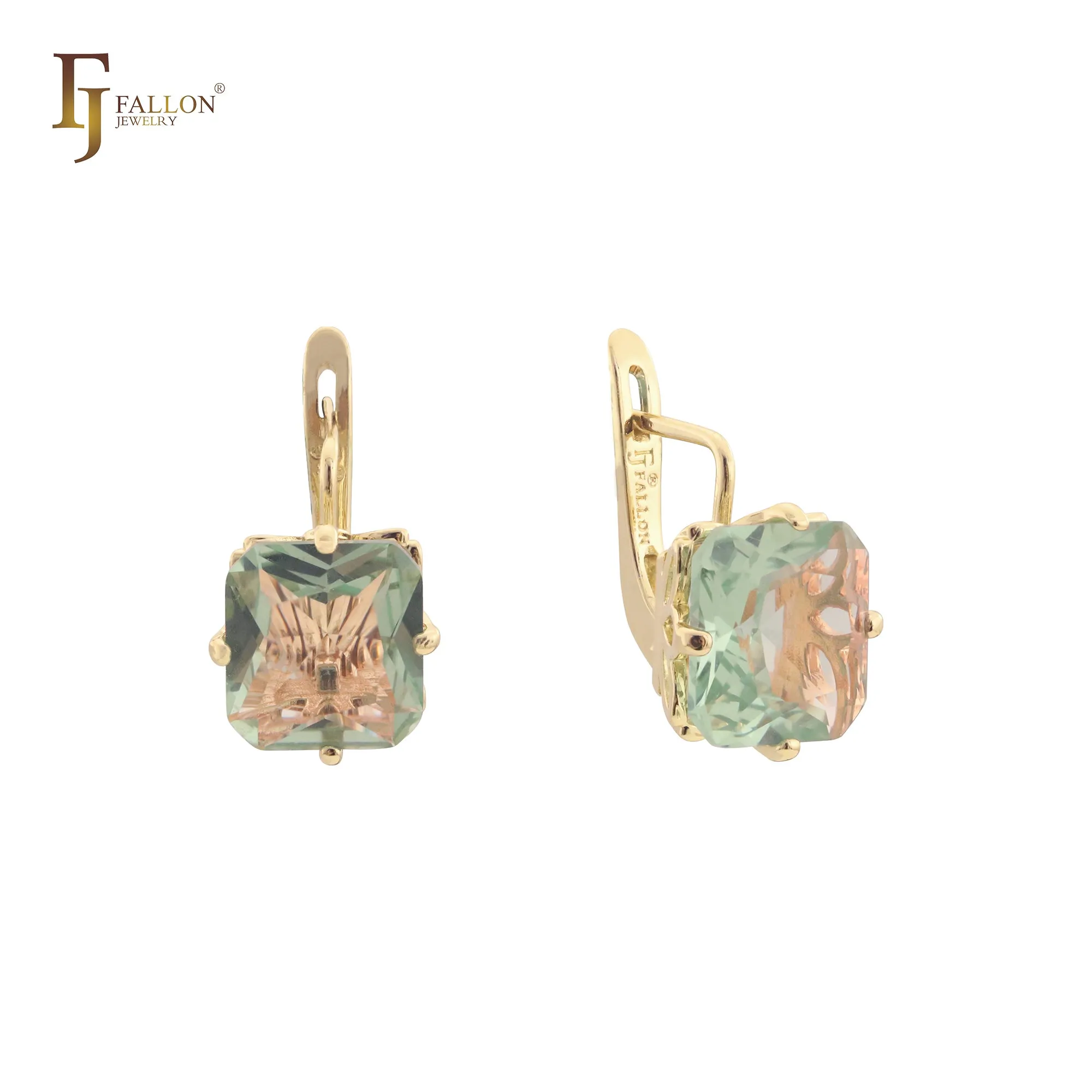 .Ashlee's Treasure - Big Solitaire emerald cut colorful cz 14K Gold, Rose Gold earrings