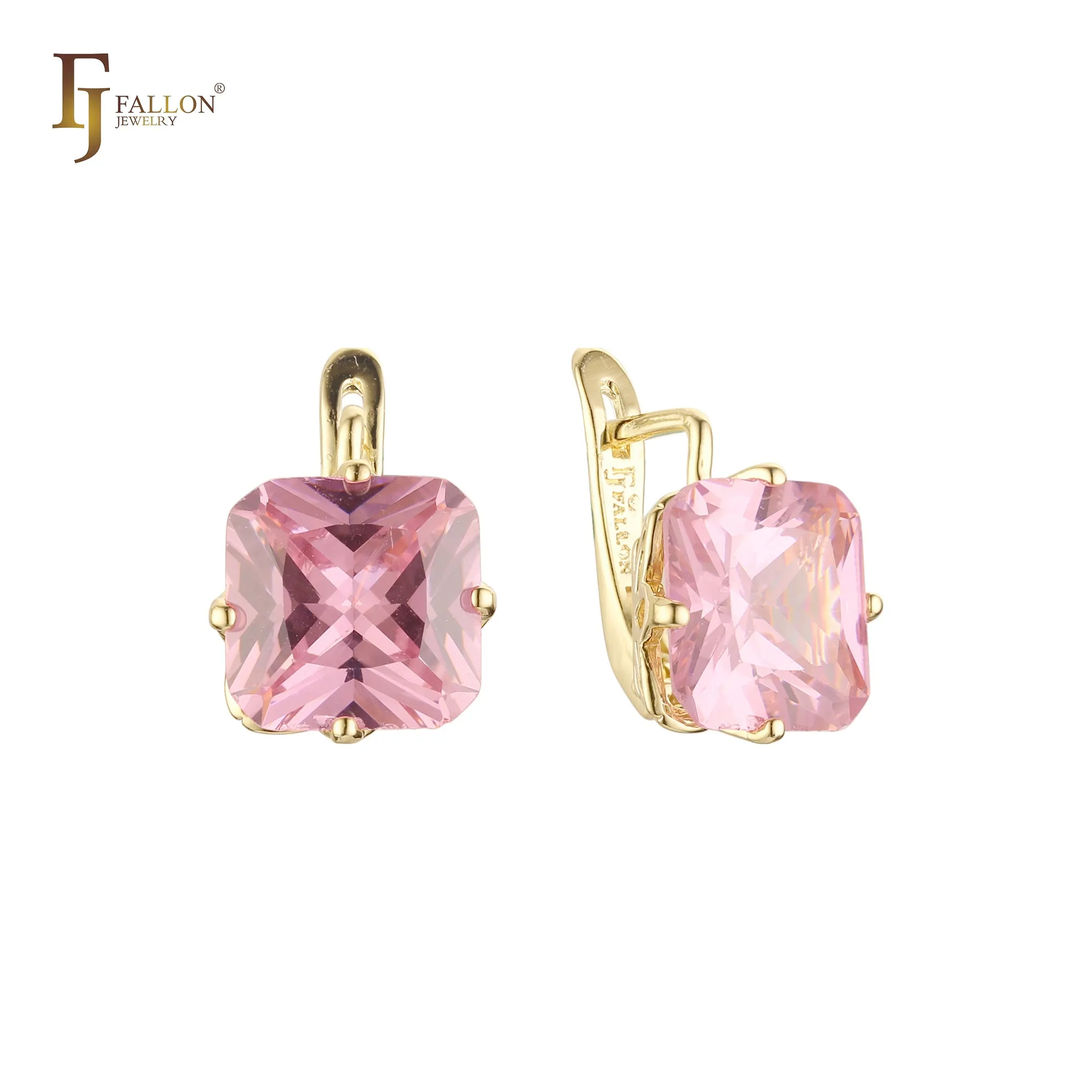 .Ashlee's Treasure - Big Solitaire emerald cut colorful cz 14K Gold, Rose Gold earrings