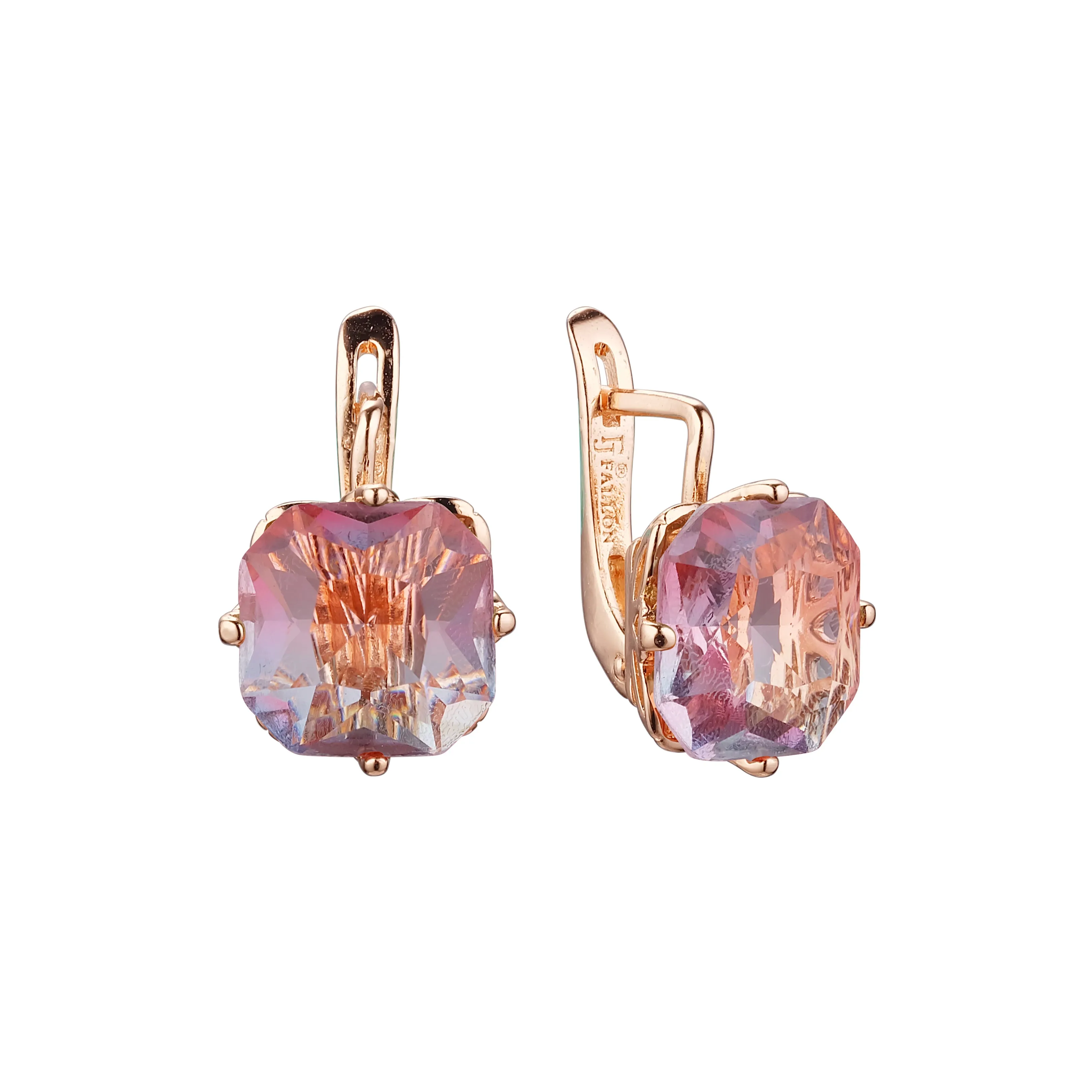 .Ashlee's Treasure - Big Solitaire emerald cut colorful cz 14K Gold, Rose Gold earrings