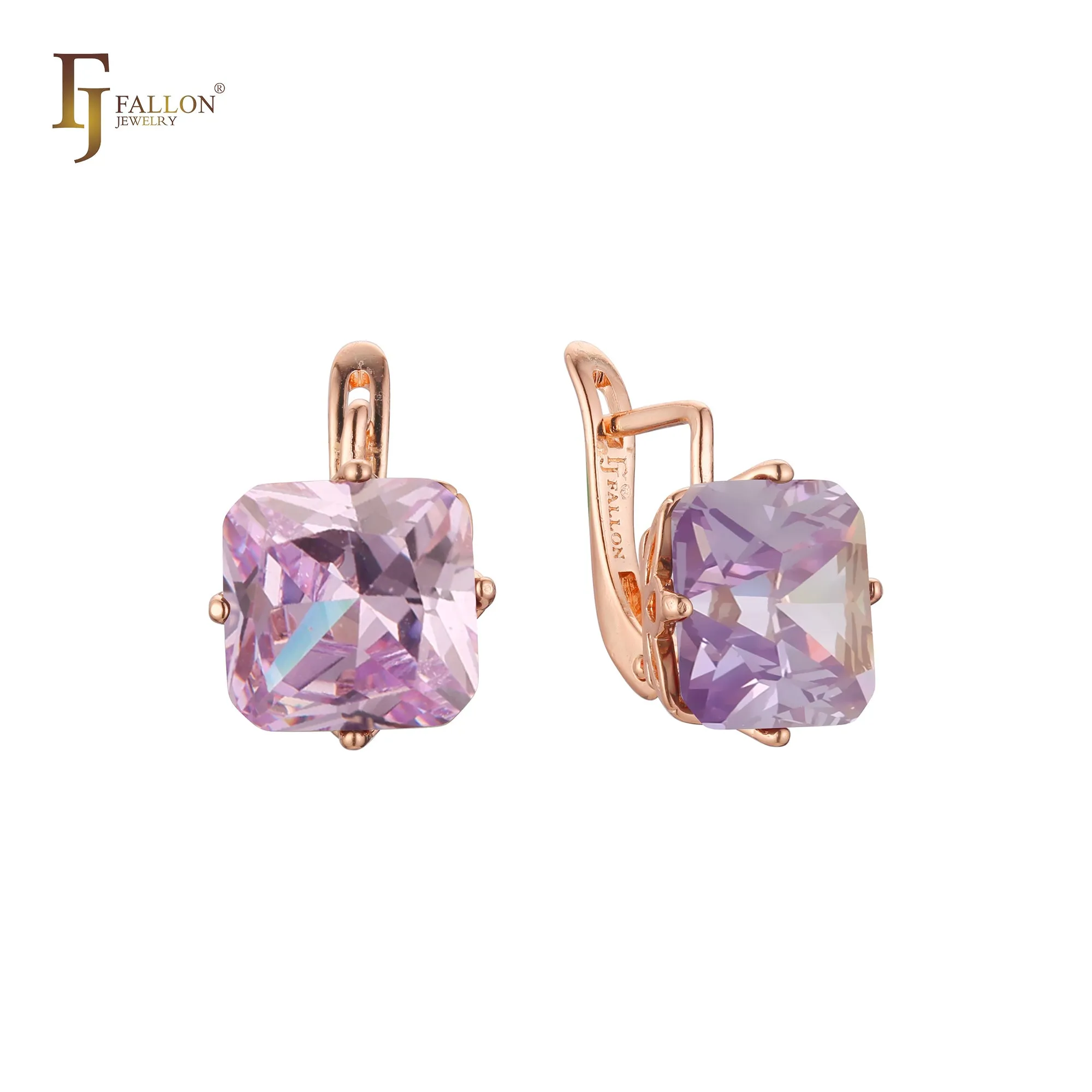 .Ashlee's Treasure - Big Solitaire emerald cut colorful cz 14K Gold, Rose Gold earrings