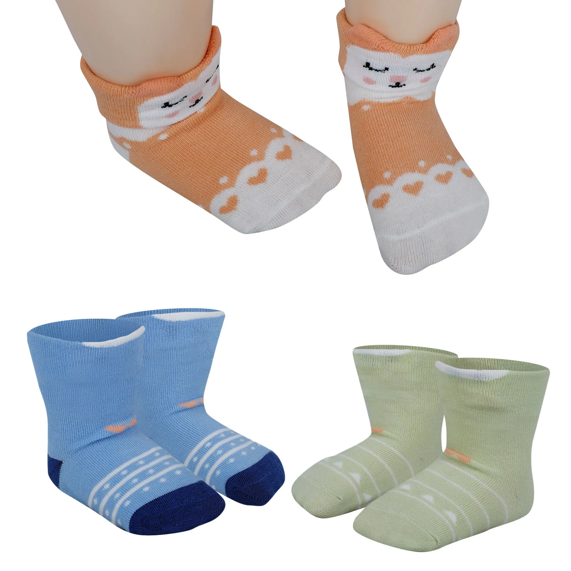 Baby Moo Fox 3D Anti-Skid Socks Booties Pack of 3 - Multicolour