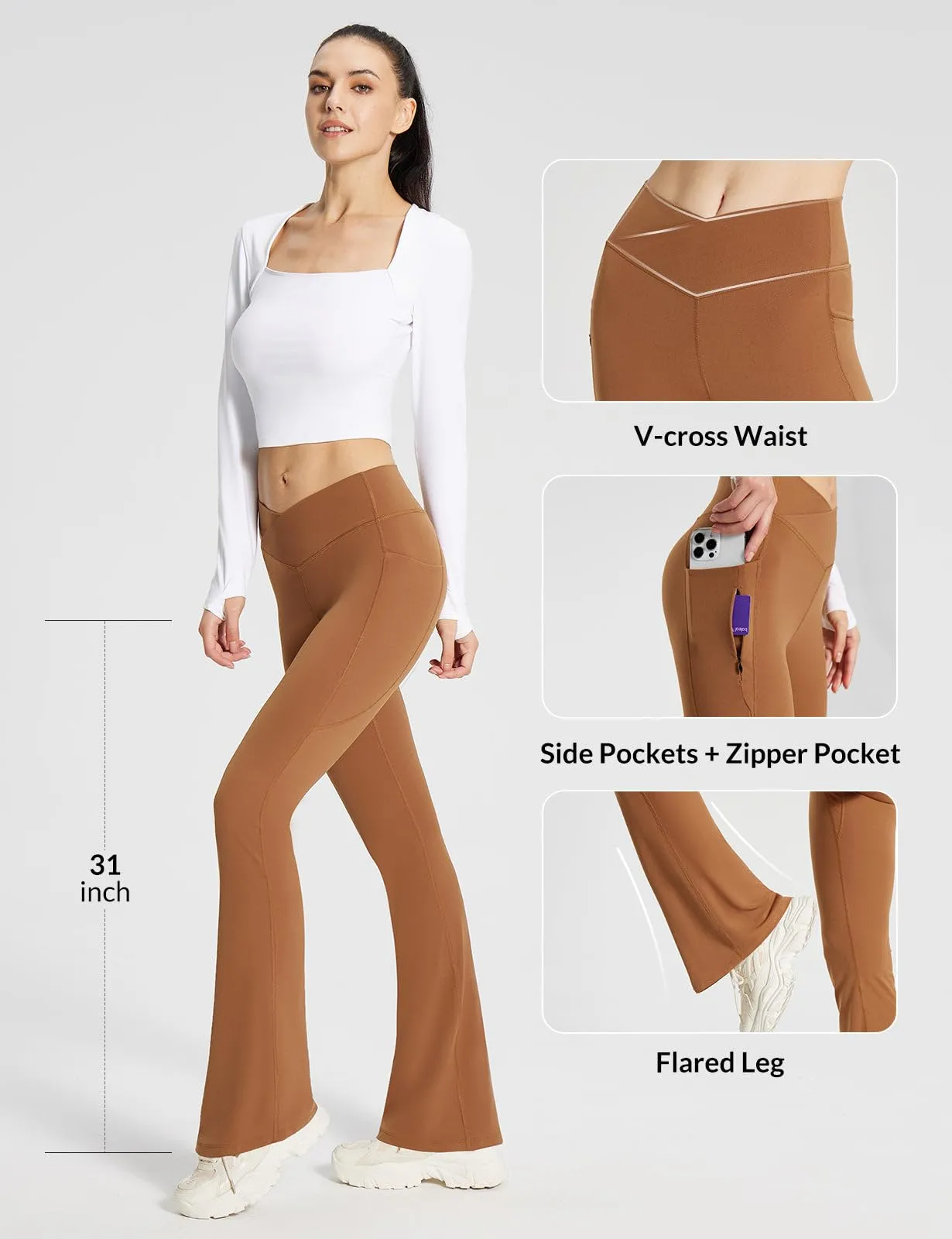 BALEAF Women's Flare Leggings with Zipper Pockets Crossover High Waist Bootcut Yoga Pants Tummy Control Bell Bottom Leggings Light Brown M