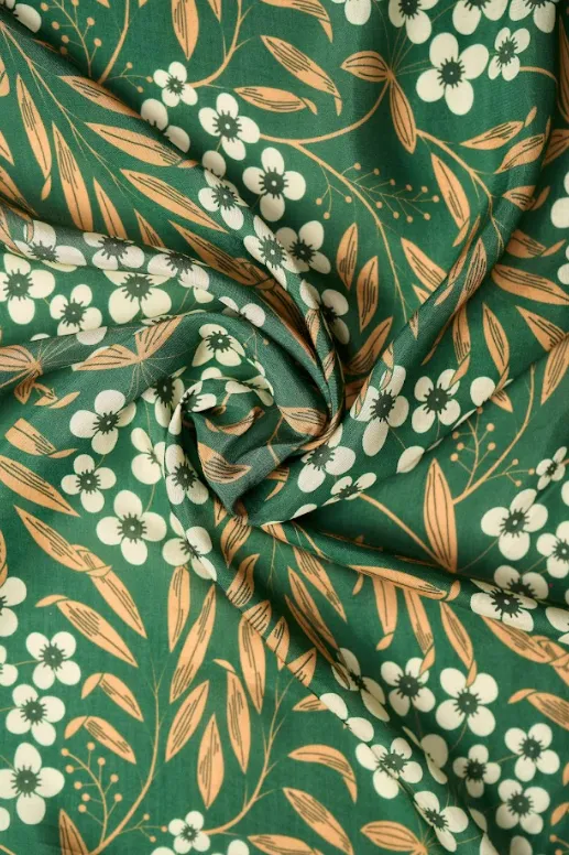 Barah Masi Cluster Pattern Printed With Green Background Natural Muslin Silk Fabric