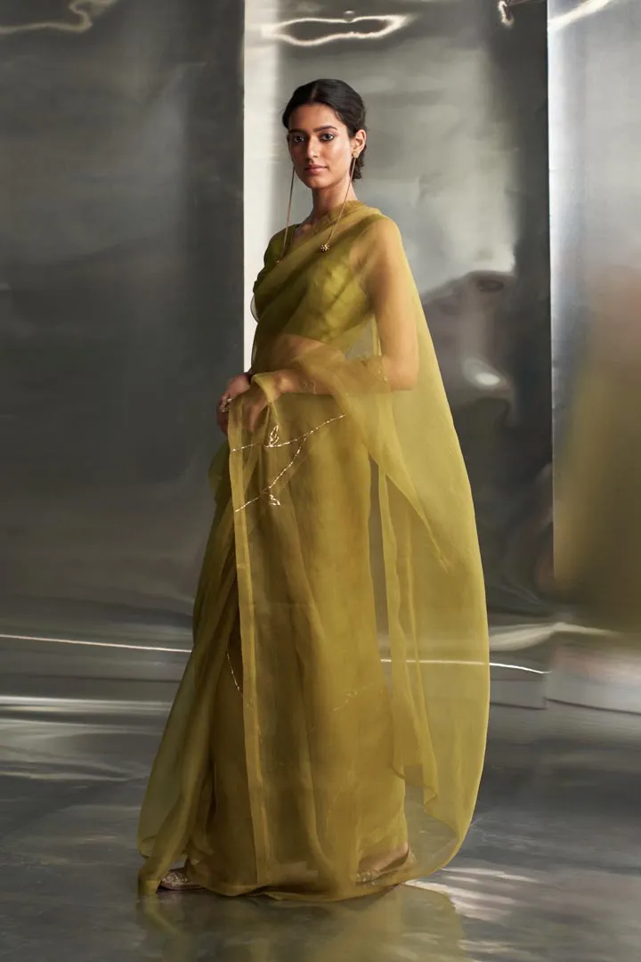 Berry Green saree with sleeveless blouse