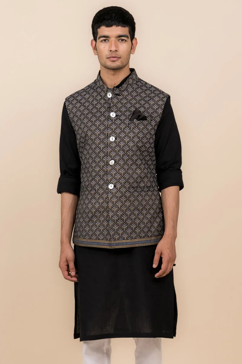 Black All Over Printed Kurta Bundi Set