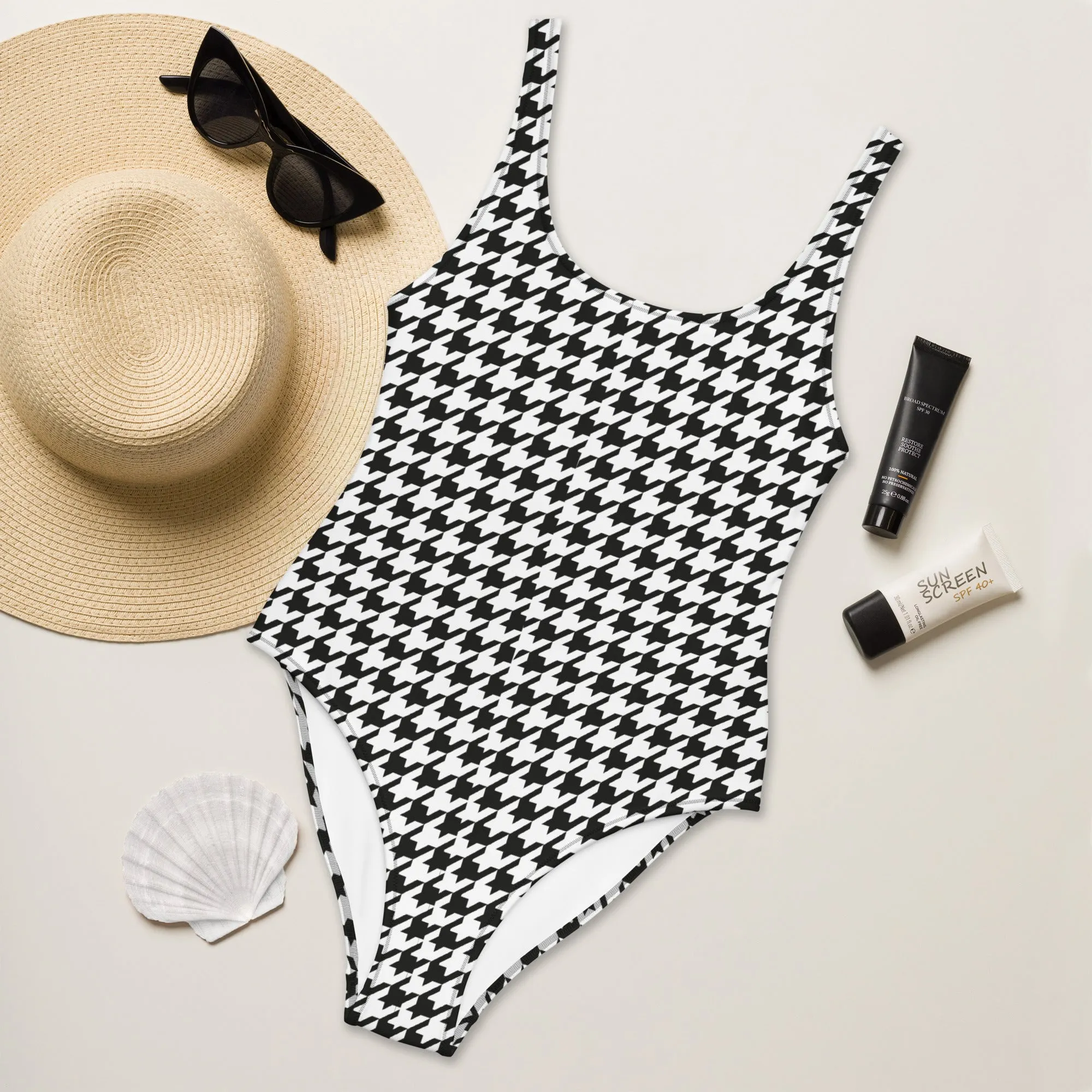 Black & White Houndstooth Print One-Piece Swimsuit