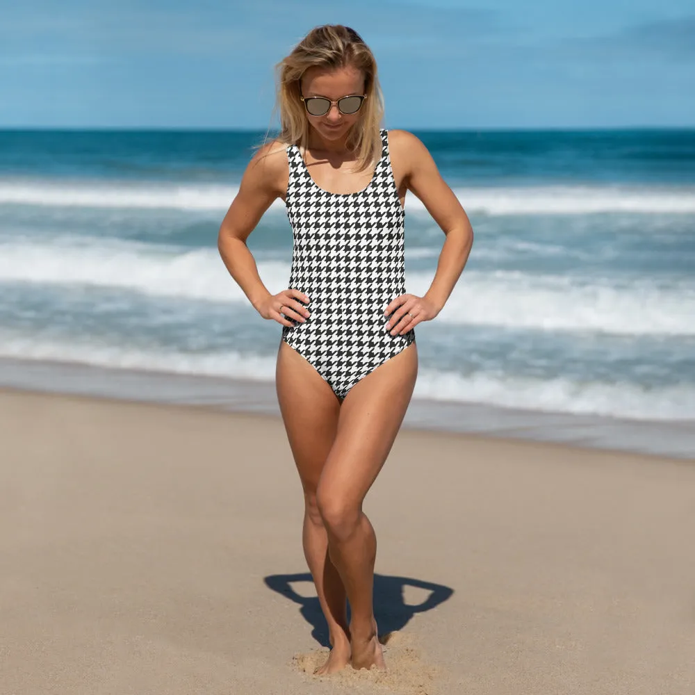 Black & White Houndstooth Print One-Piece Swimsuit