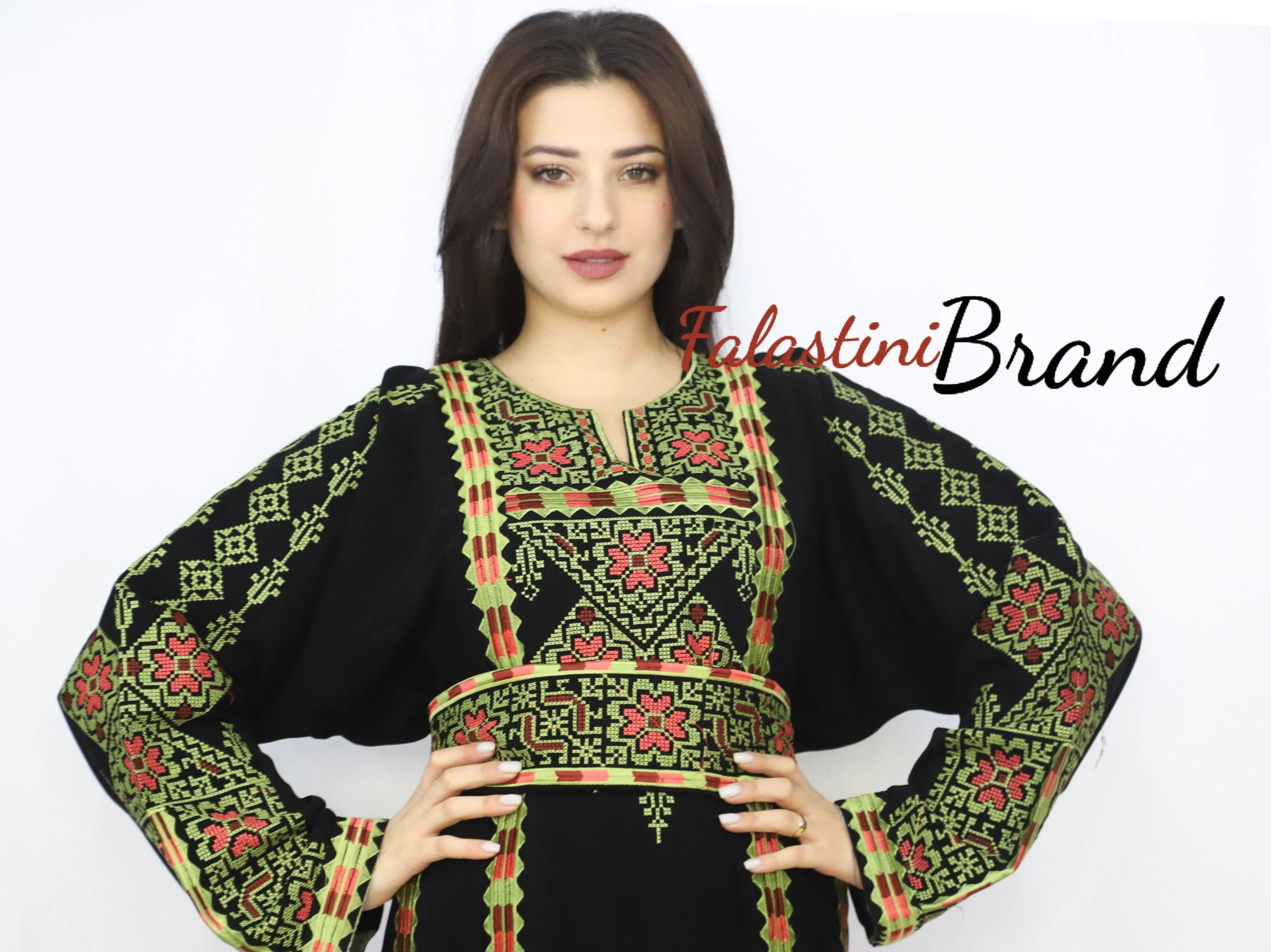 Black and Green Floral Palestinian Embroidered Thobe