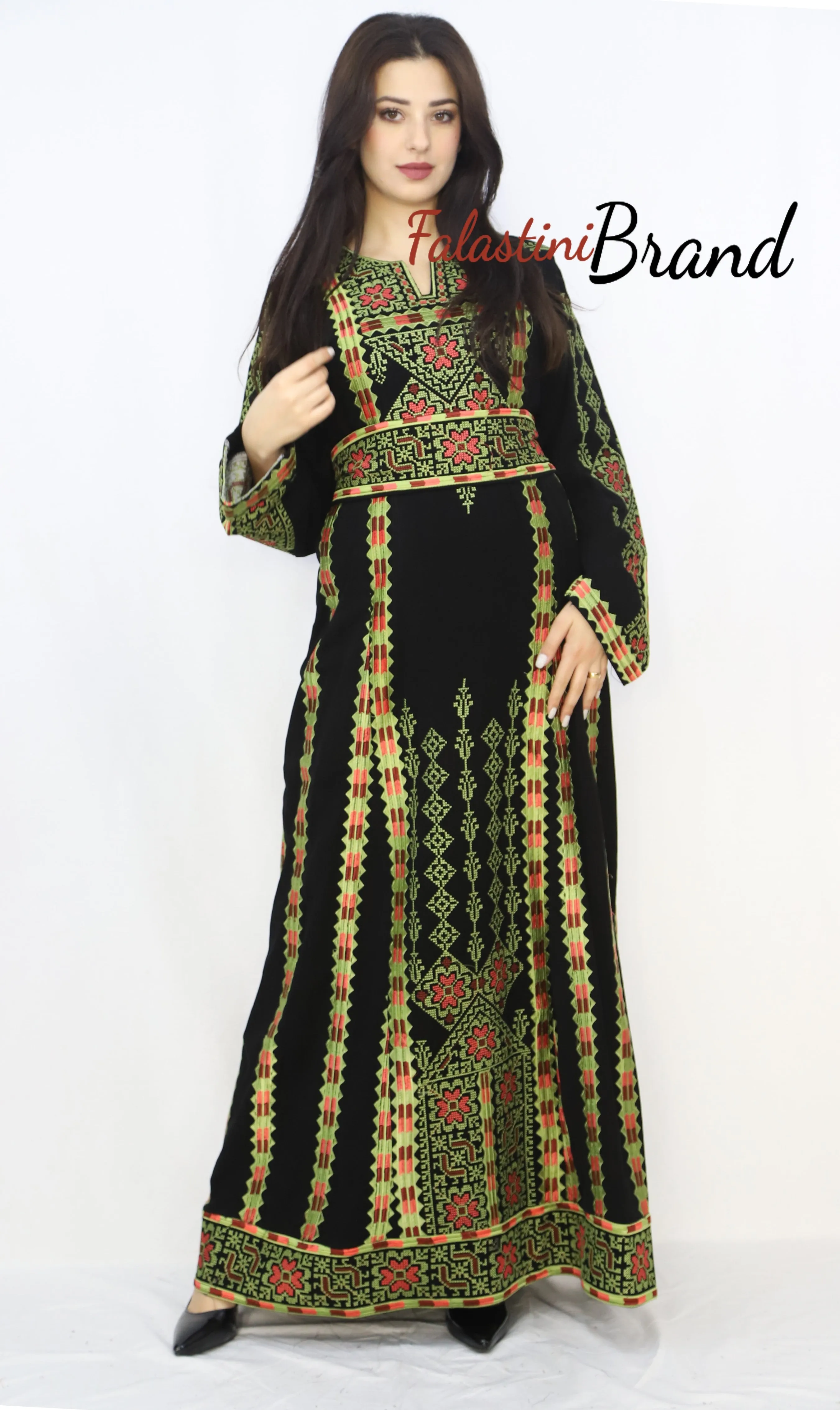 Black and Green Floral Palestinian Embroidered Thobe