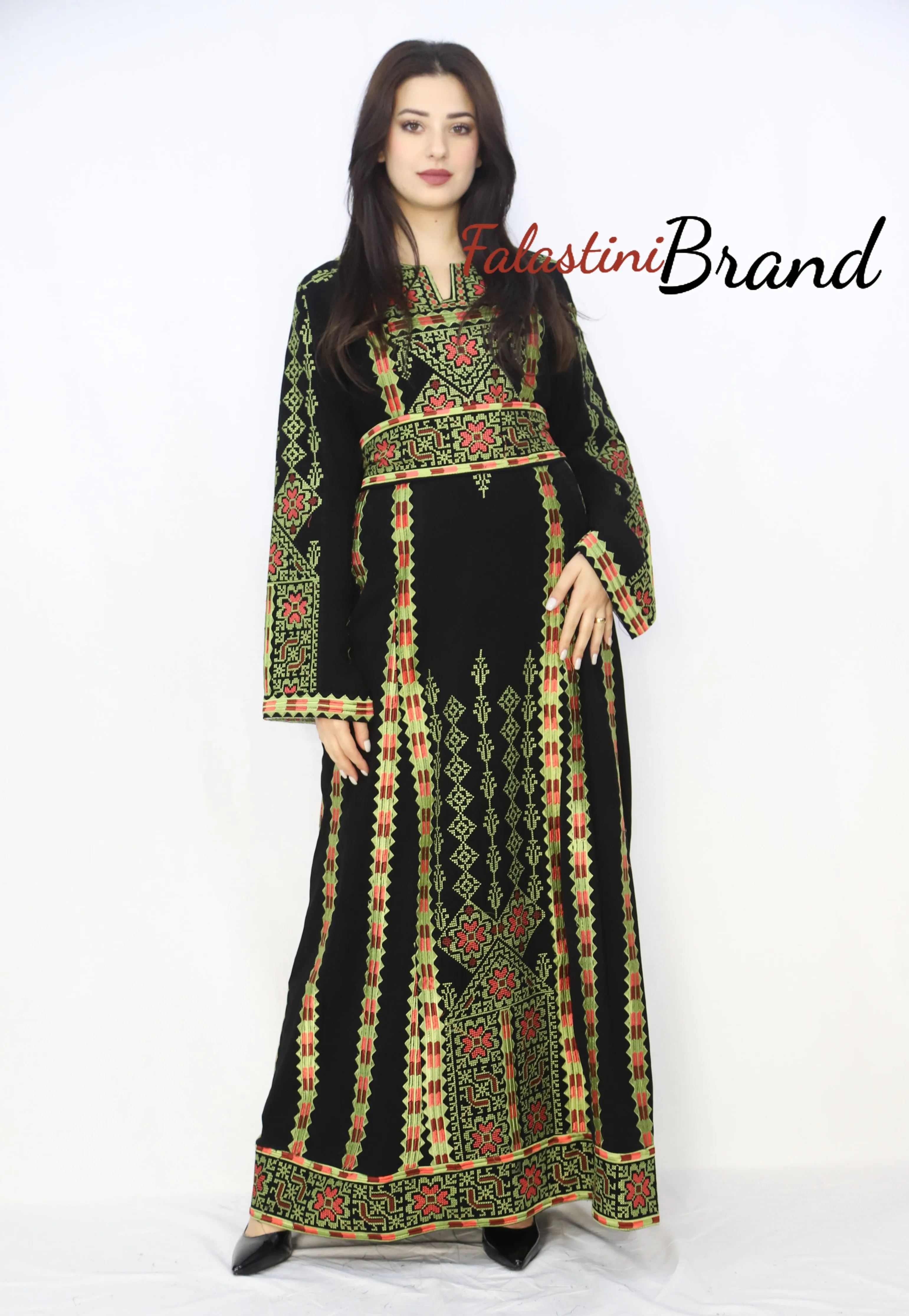 Black and Green Floral Palestinian Embroidered Thobe