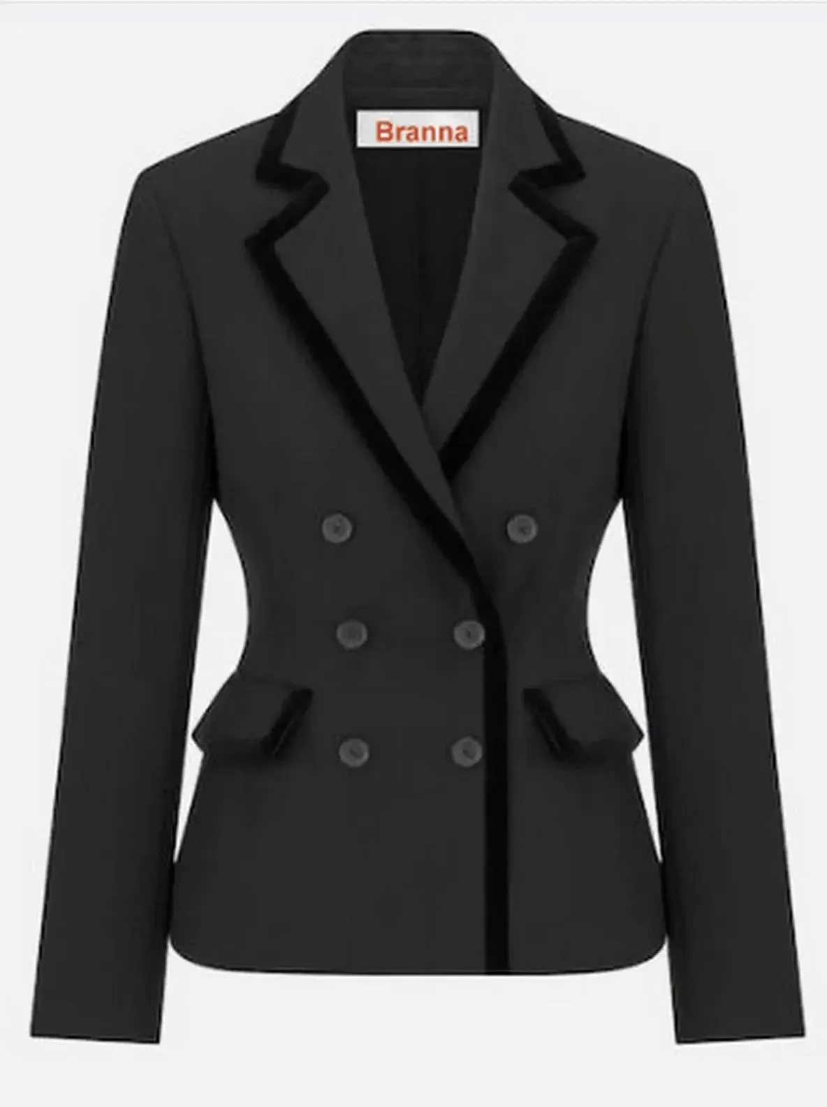 Black Double-Breasted Velvet-Trim Blazer