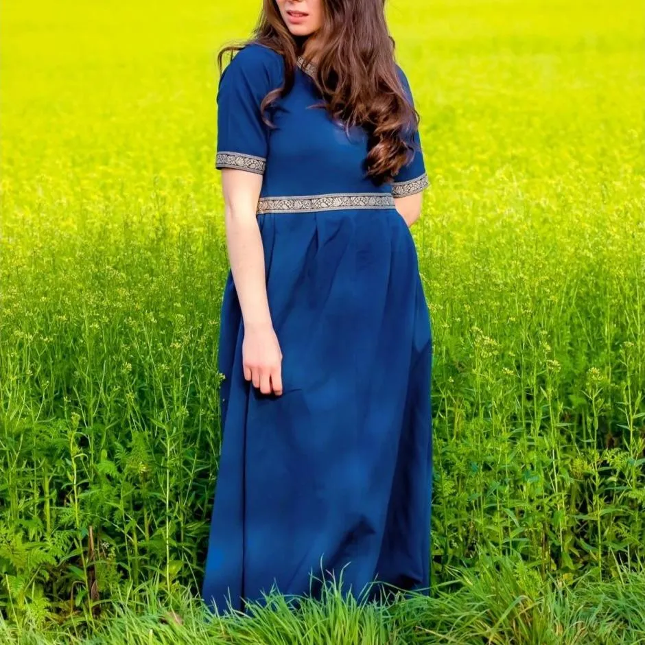 Blue Viking Dress with Intricate Embroidery - Short Sleeves