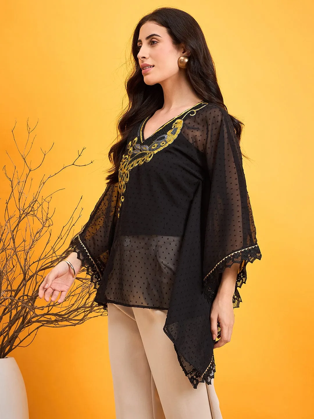 Bright Gold Embroidered Black Kaftan Top