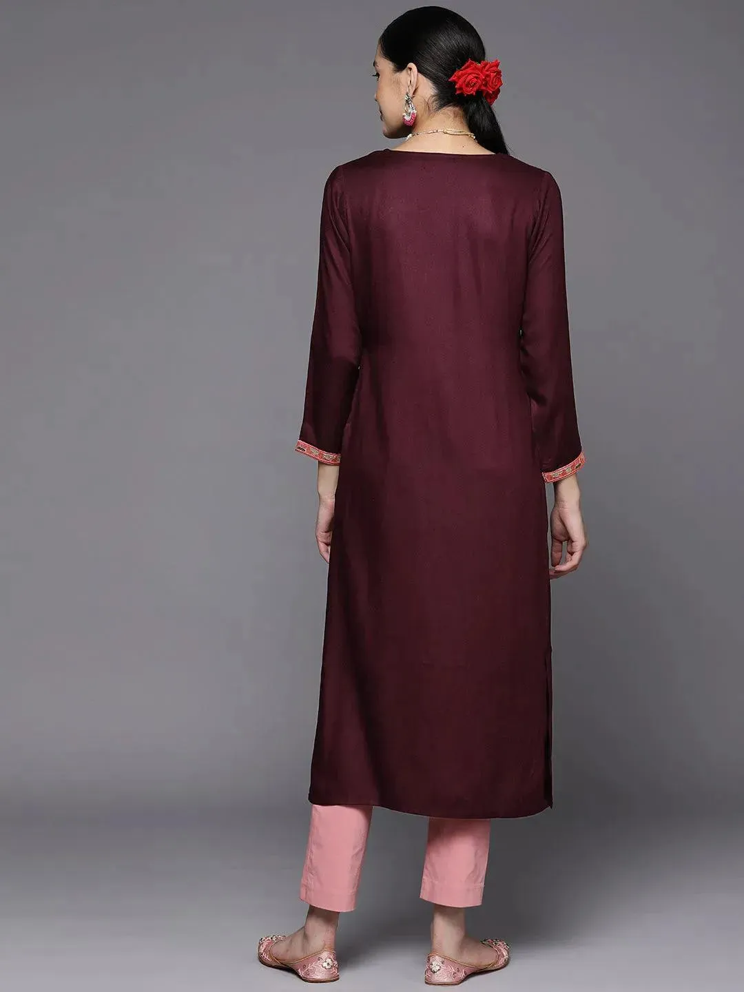 Burgundy Yoke Design Wool Straight Kurta