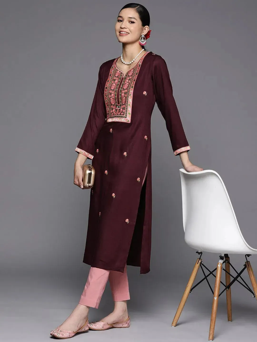 Burgundy Yoke Design Wool Straight Kurta