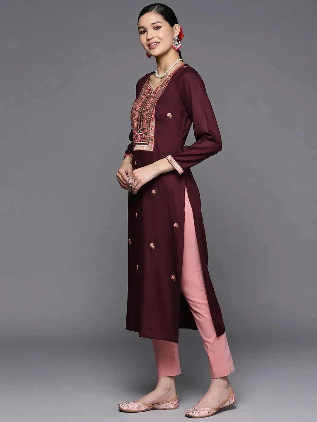 Burgundy Yoke Design Wool Straight Kurta