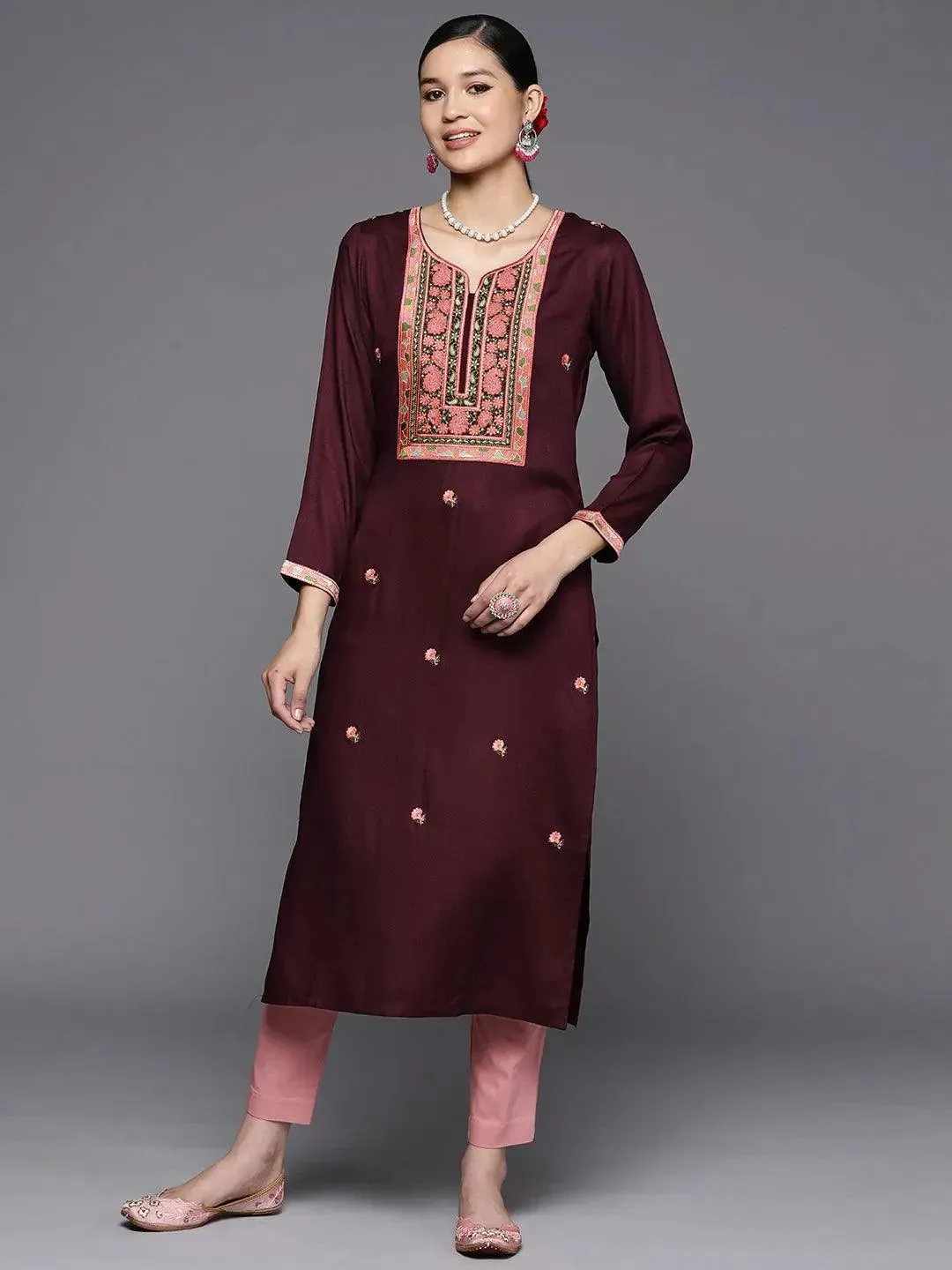 Burgundy Yoke Design Wool Straight Kurta