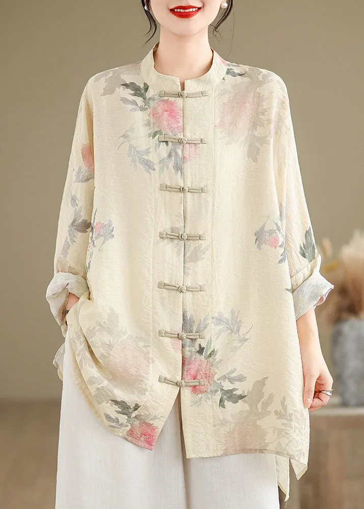 Chinese Style Apricot Stand Collar Print Button Shirts Fall UU025