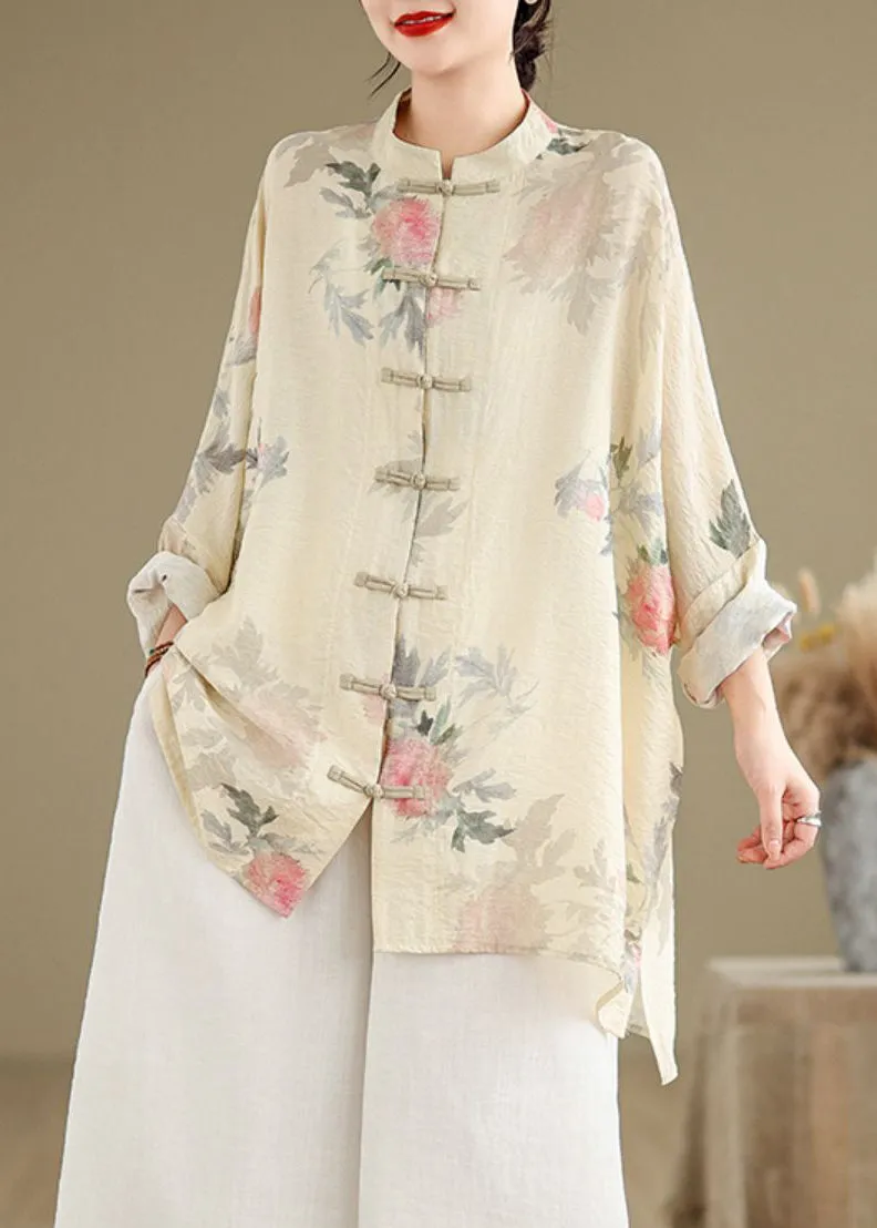 Chinese Style Apricot Stand Collar Print Button Shirts Fall UU025