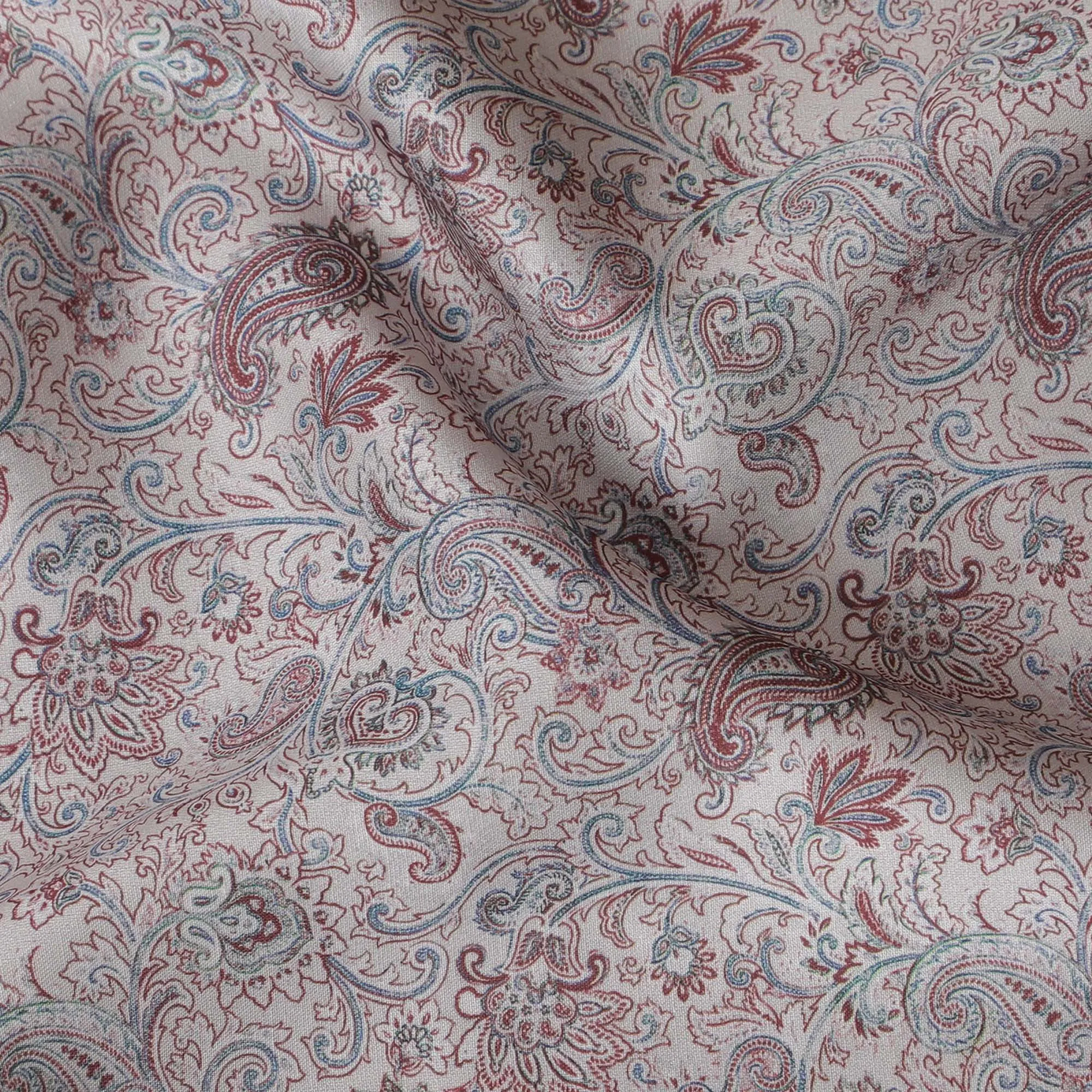 Classic Paisley Blended Cotton Lawn Fabric - Grey with Red Accents, 140 cms Width-D19164