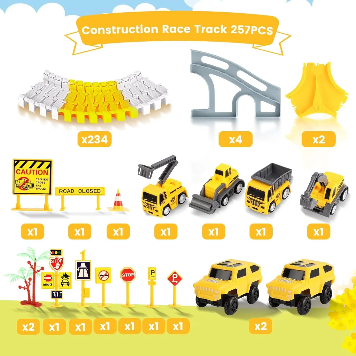 Construction Race Track Toys, Create A Engineering Road Games for Kids Toys, Flexible Track PlaySet and 2 Electric Cars 4 Construction Cars for 3 4 5 6 7 8 Year Old Boys Girls Gift