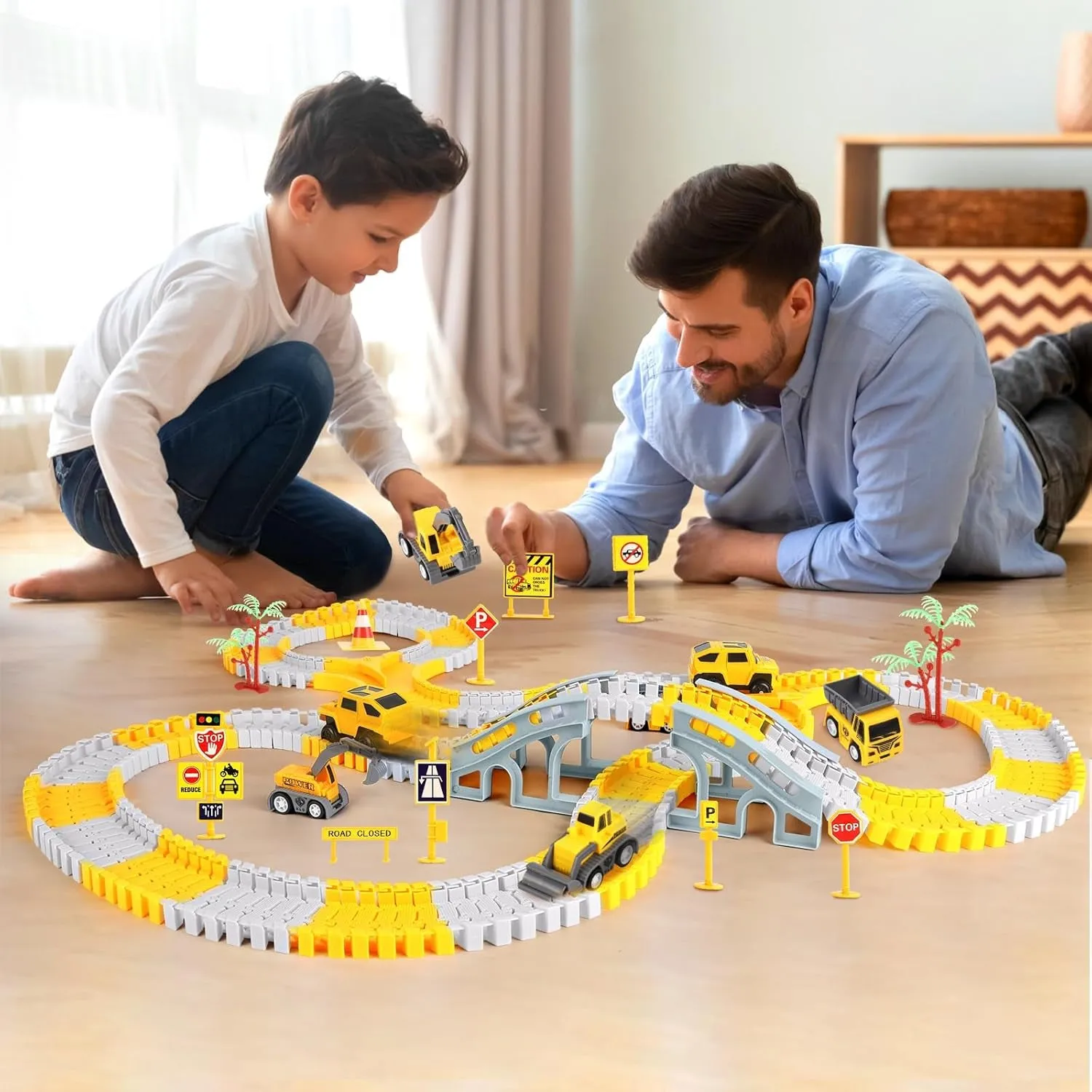 Construction Race Track Toys, Create A Engineering Road Games for Kids Toys, Flexible Track PlaySet and 2 Electric Cars 4 Construction Cars for 3 4 5 6 7 8 Year Old Boys Girls Gift