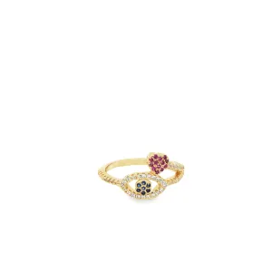 CZ Single Pave Colored Evil Eye Heart Charm Ring