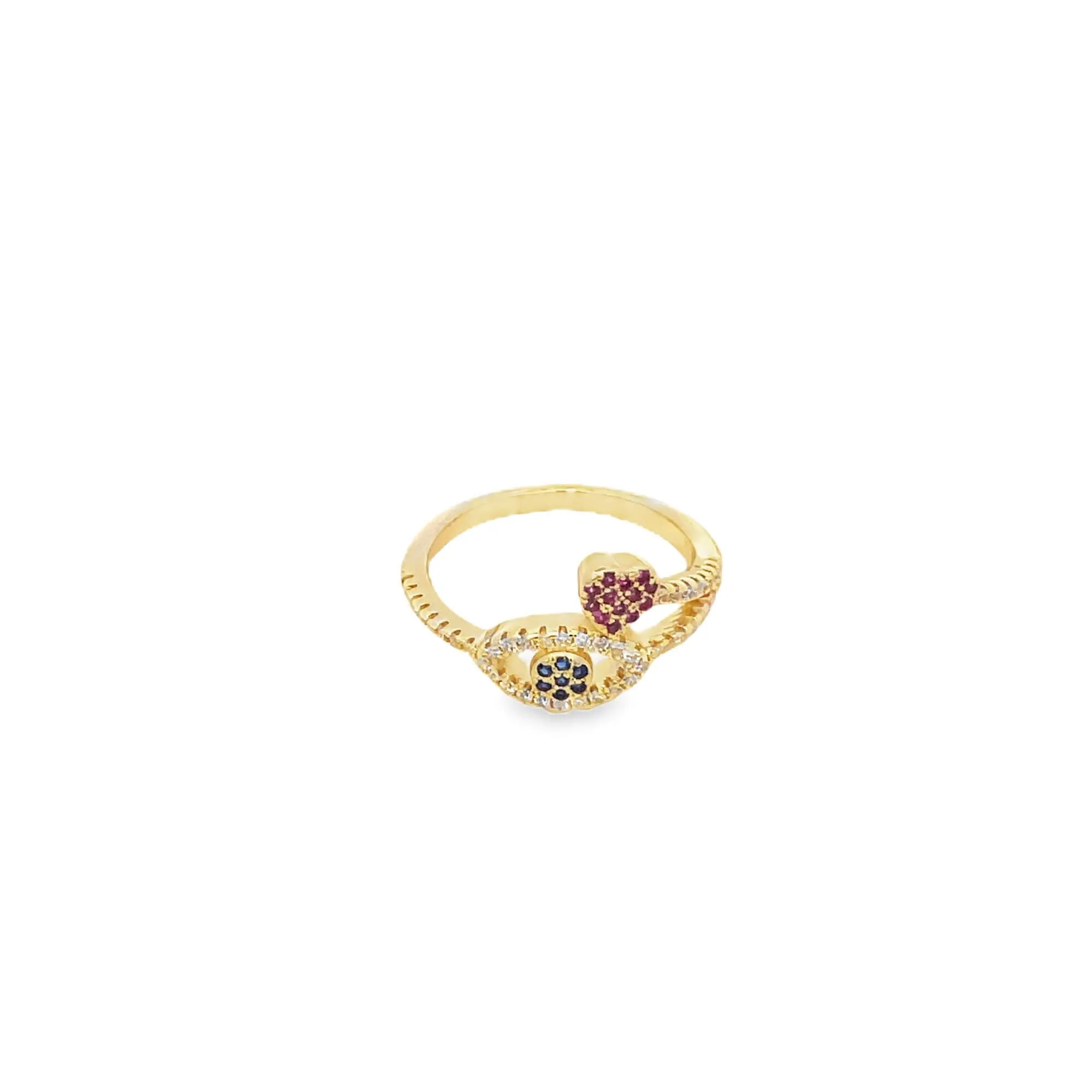 CZ Single Pave Colored Evil Eye Heart Charm Ring