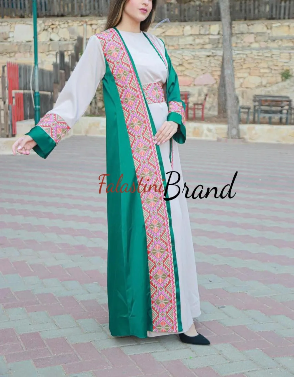 Elegant Green and Off White Dress and Abaya Set with Palestinian Embroidery and Satin Details