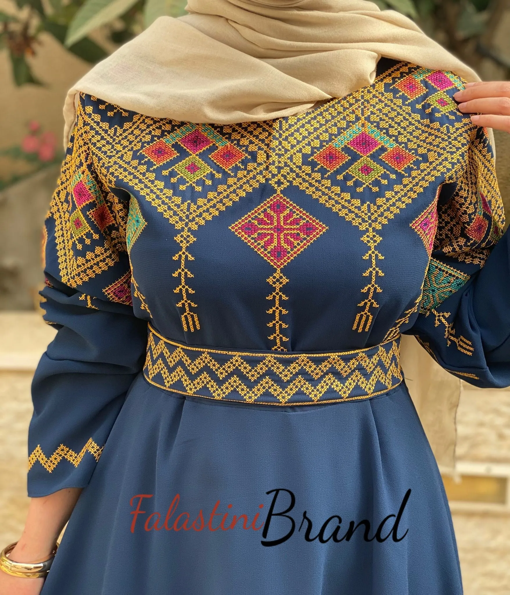 Elegant Navy Palestinian Embroidered Cloche Layered Dress