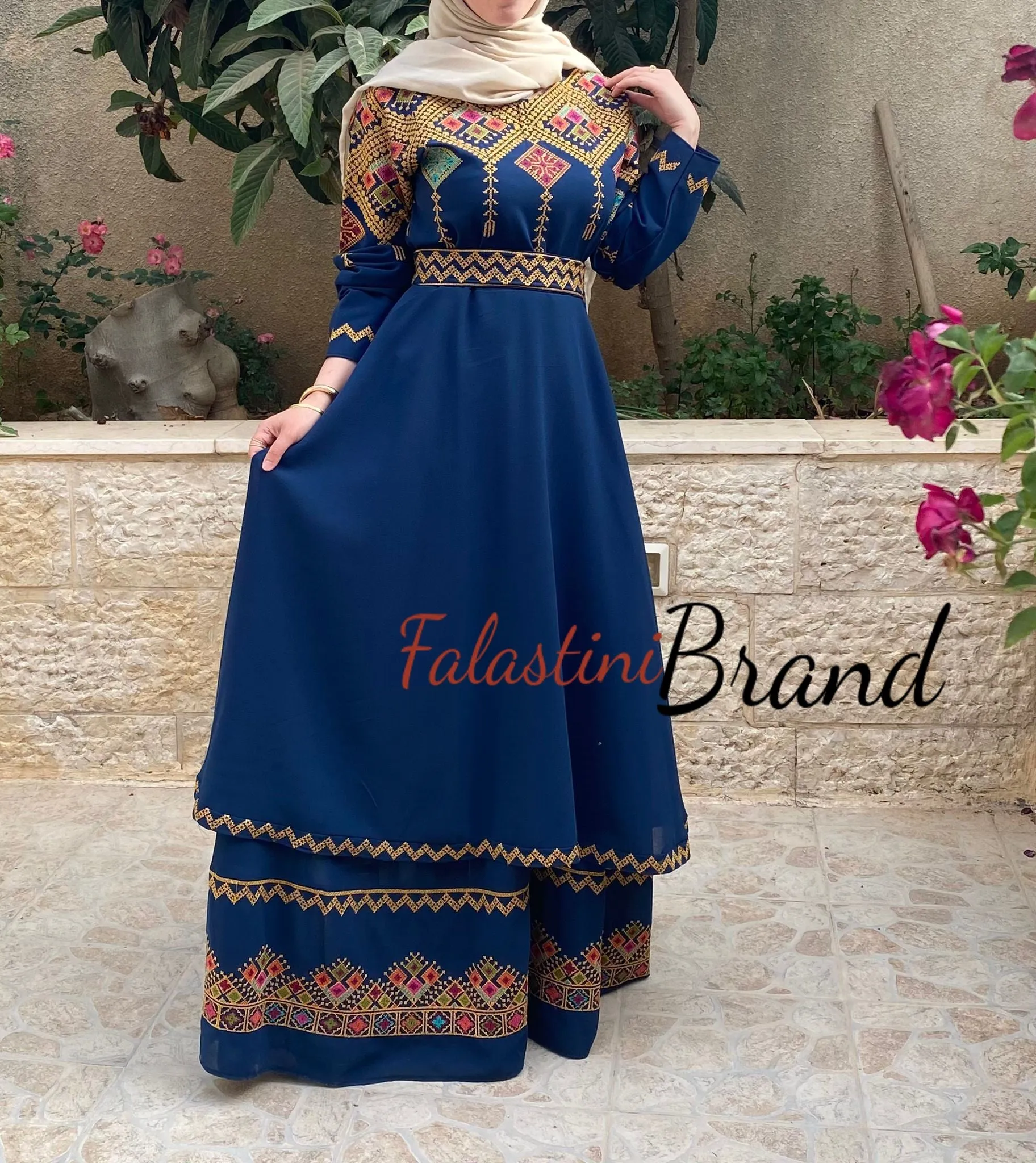 Elegant Navy Palestinian Embroidered Cloche Layered Dress