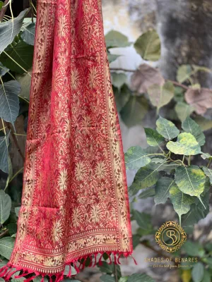 Exquisite Printed Red Pure Silk Banarasi Handloom Scarf