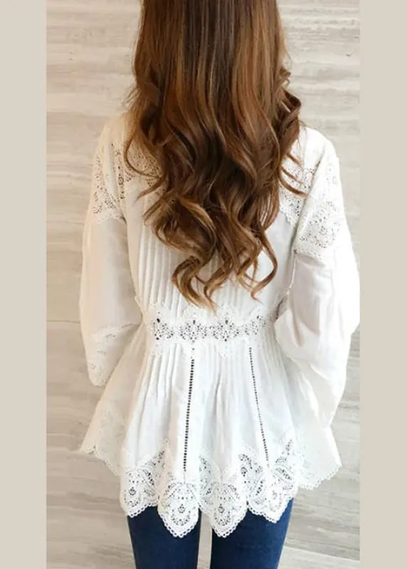 Fashion White V-Neck Ruffles Hollow Out Shirts Spring BV052