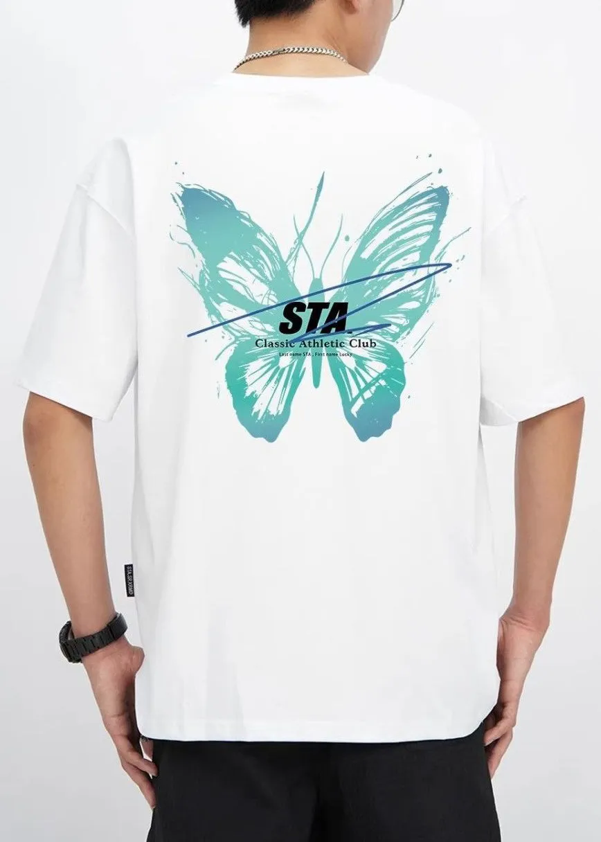 French Cyan Butterfly Print Cotton Mens T Shirts Summer LK057