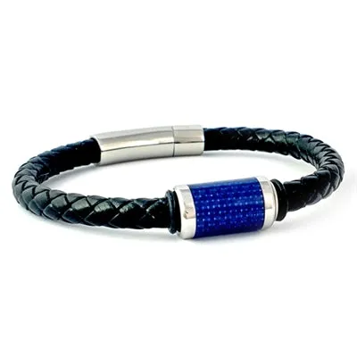 Genuine Leather Bracelet with the Bead Inlaid with Blue Carbon Fiber