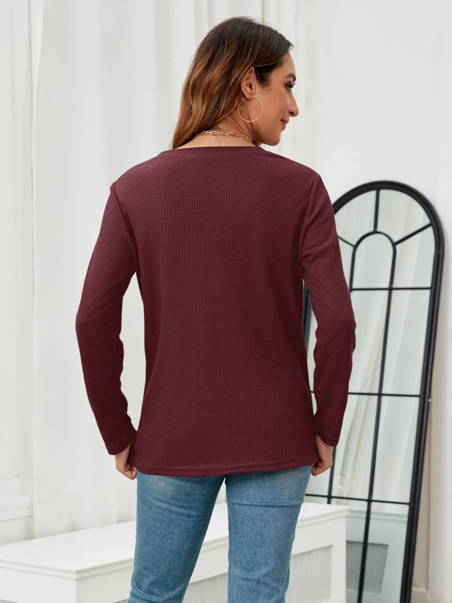 HDLTE Tops for Women Casual Fall Soft Waffle Knit Tshits long sleeve Shirts (X-Large Burgundy)