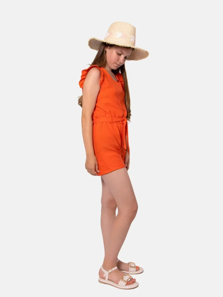 Junior Girl Stephanie French Collection Short Sleeves Summer Romper with Waistband and Ruffles - Orange