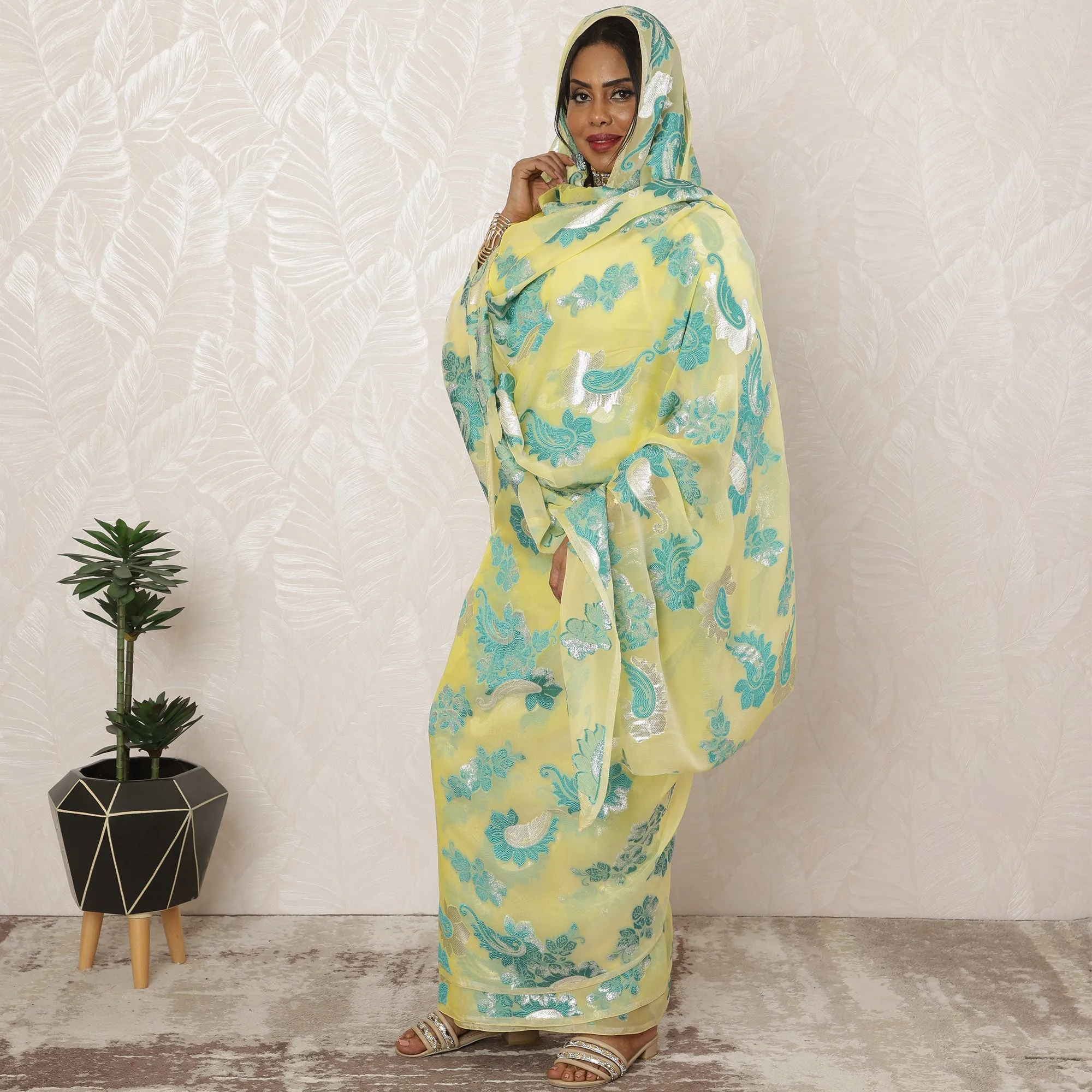 Lemon Yellow Sudanese Thobe Fabric in Premium Silk Chiffon (Fransawi) with Metallic Lurex, 4.5 Meters, 110 cm Width-D20427