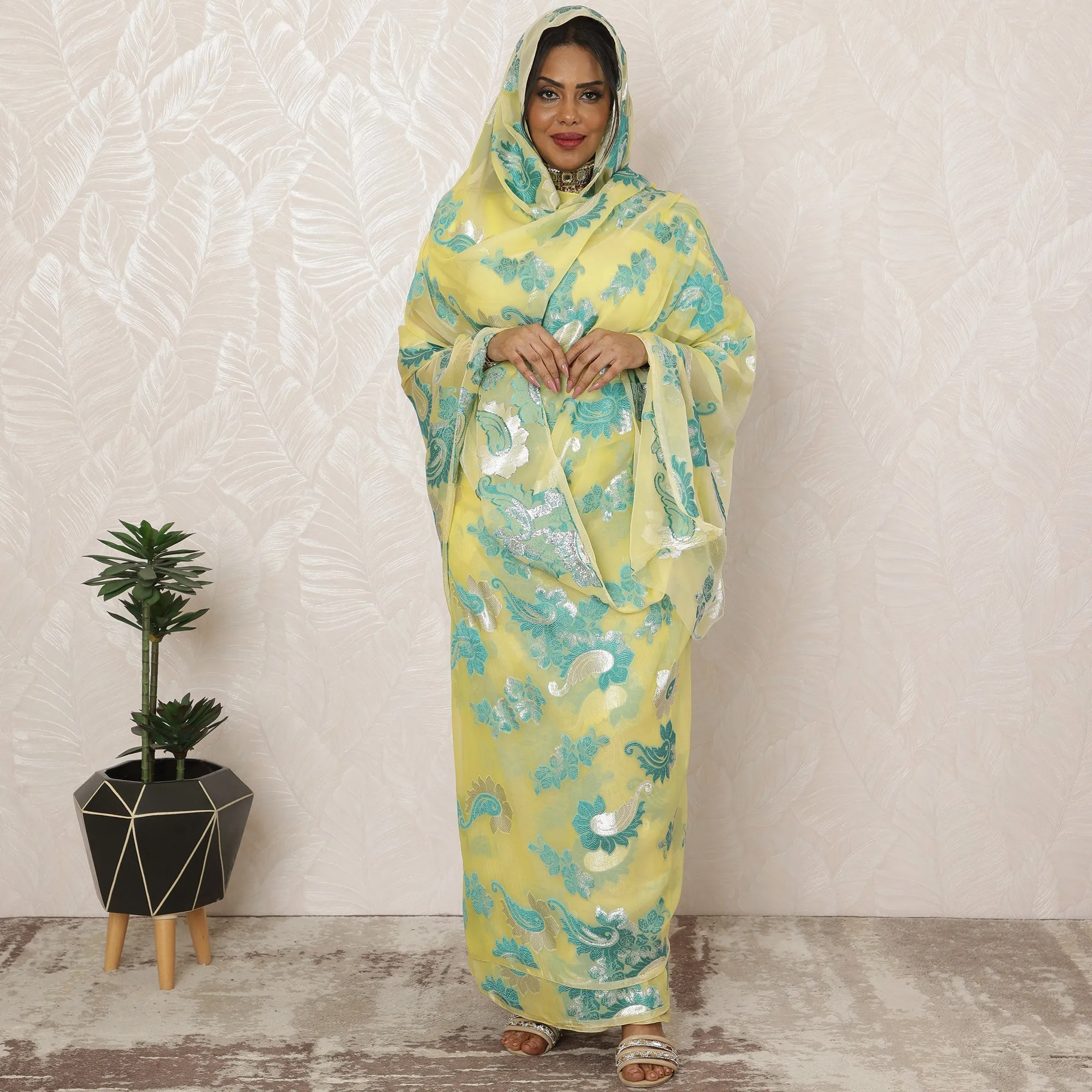 Lemon Yellow Sudanese Thobe Fabric in Premium Silk Chiffon (Fransawi) with Metallic Lurex, 4.5 Meters, 110 cm Width-D20427