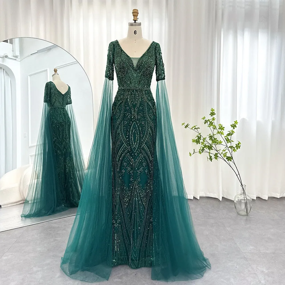 Luxury Emerald Green Evening Dress with Cape Sleeves SS152